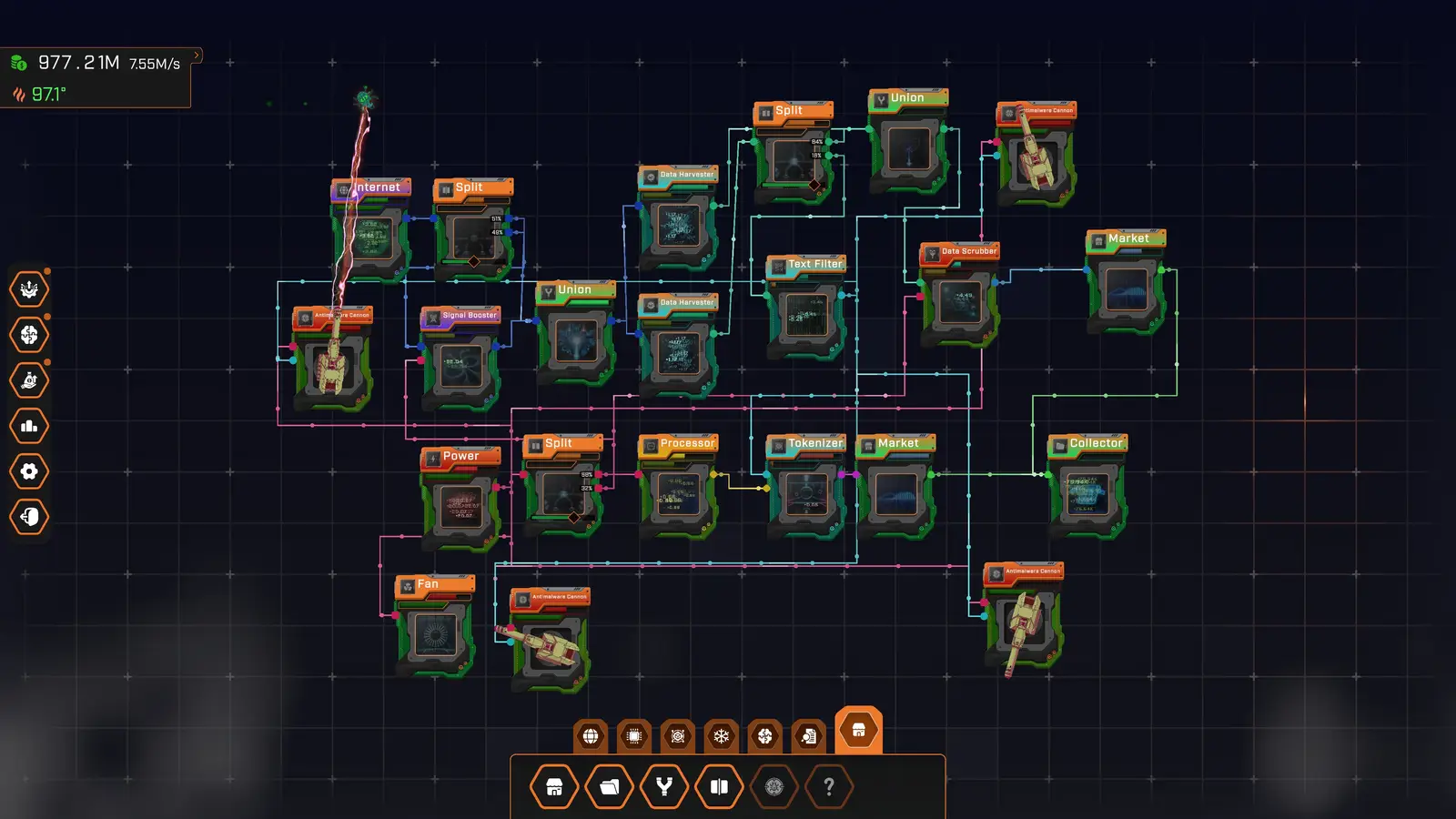 A mid-game factory with dozens of wired nodes